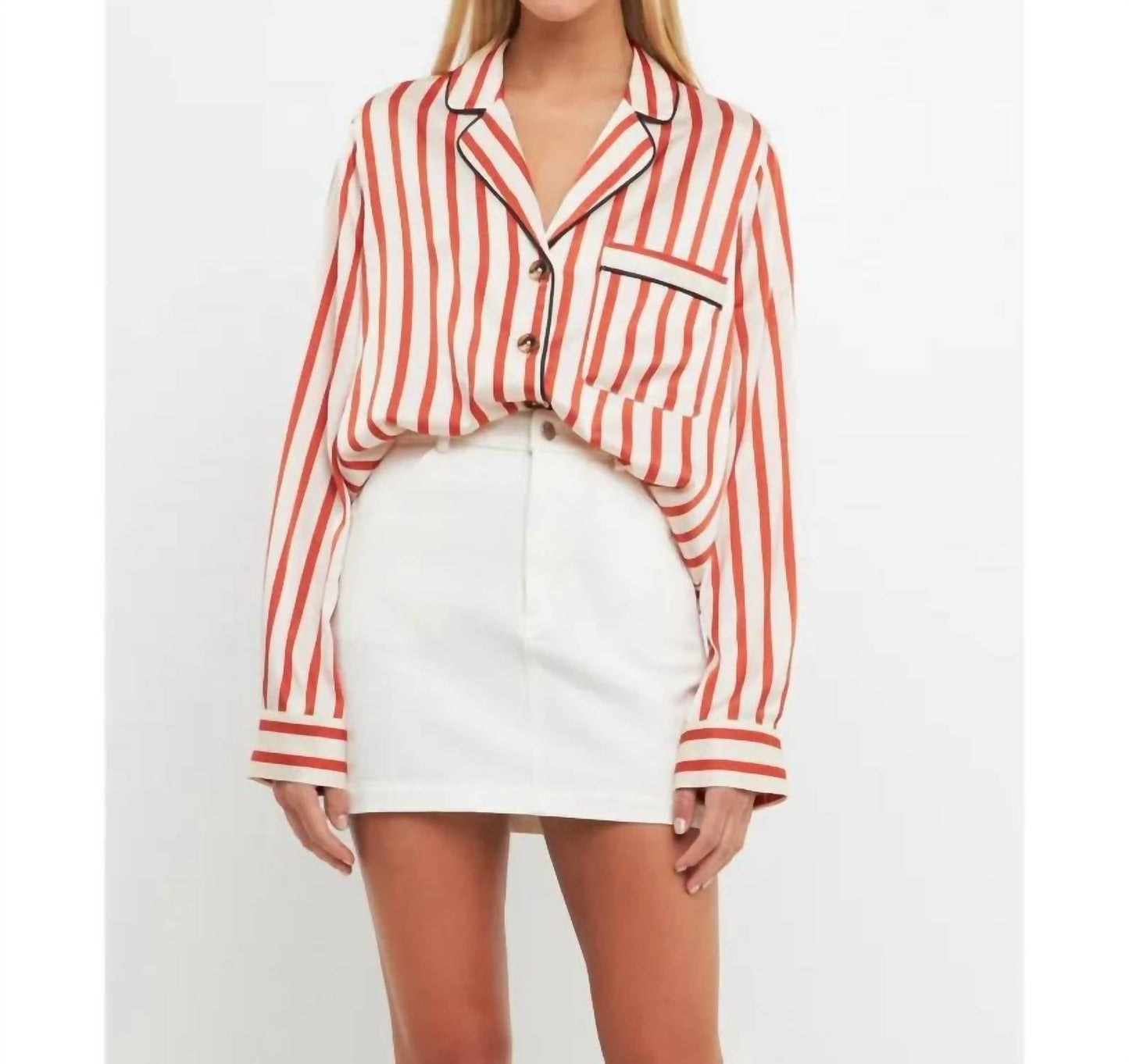 Striped Satin Shirt In Cream/burnt Orange