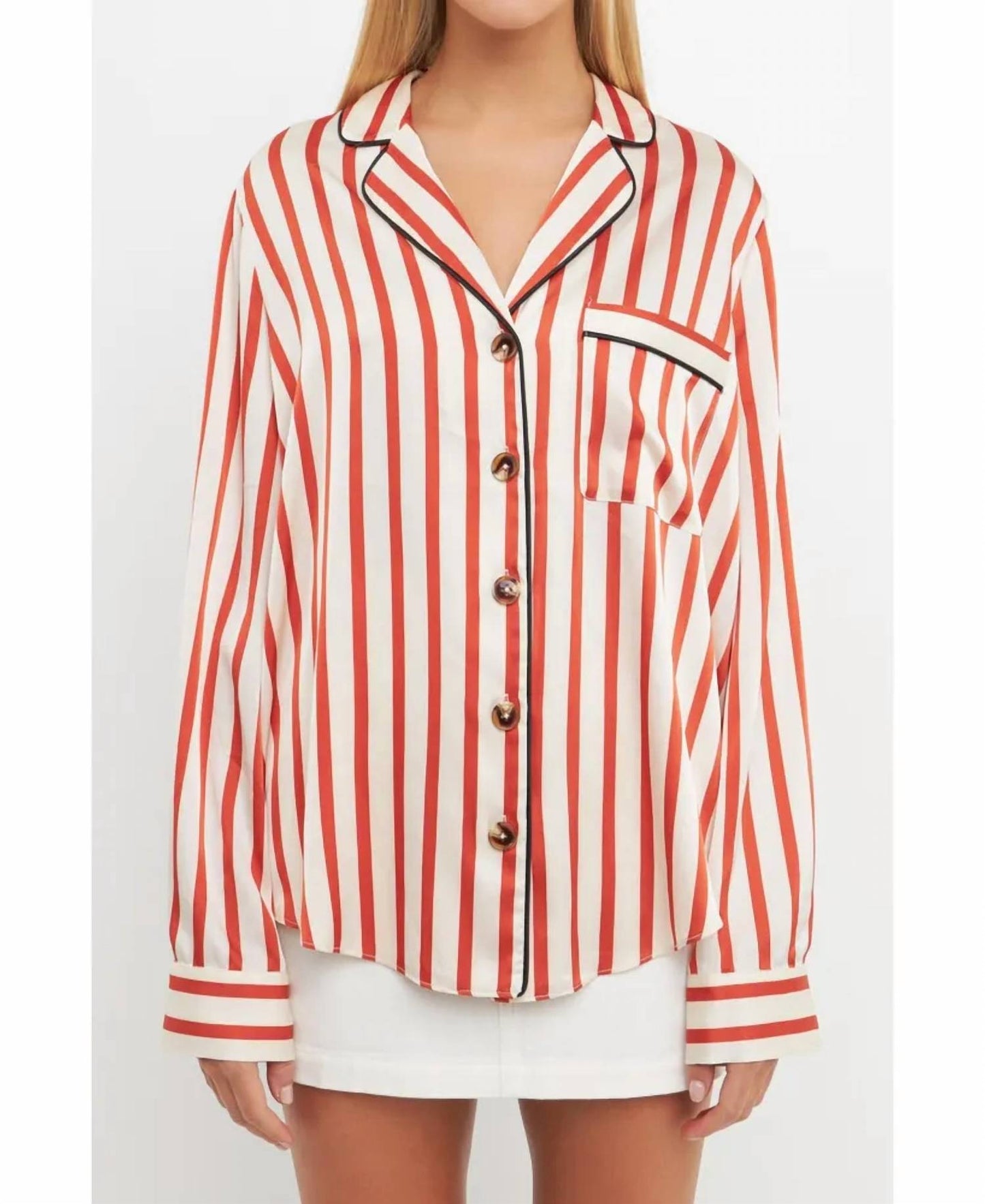 Striped Satin Shirt In Cream/burnt Orange