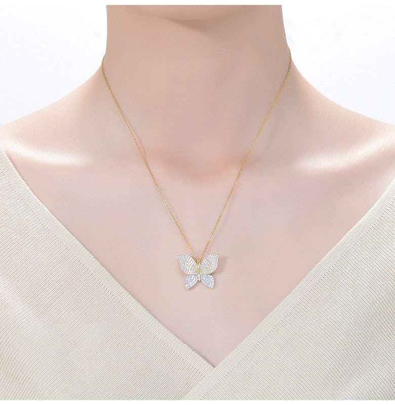 Sterling Silver Two-Tone with Clear Cubic Zirconia Butterfly Pendant Necklace