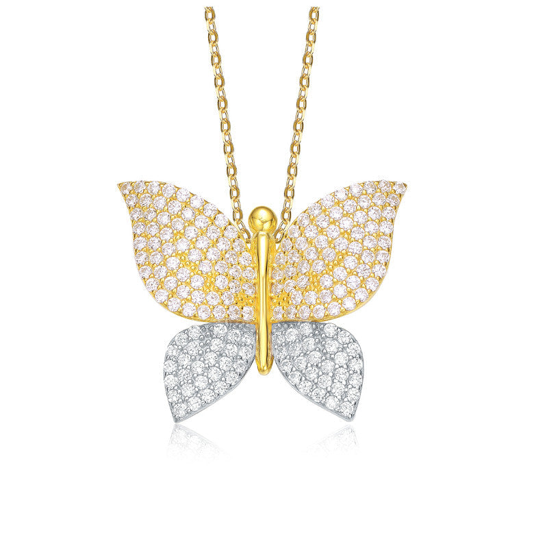 Sterling Silver Two-Tone with Clear Cubic Zirconia Butterfly Pendant Necklace