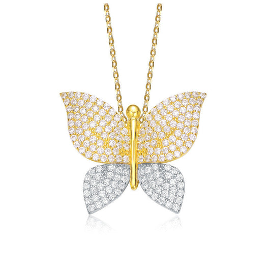 Sterling Silver Two-Tone with Clear Cubic Zirconia Butterfly Pendant Necklace