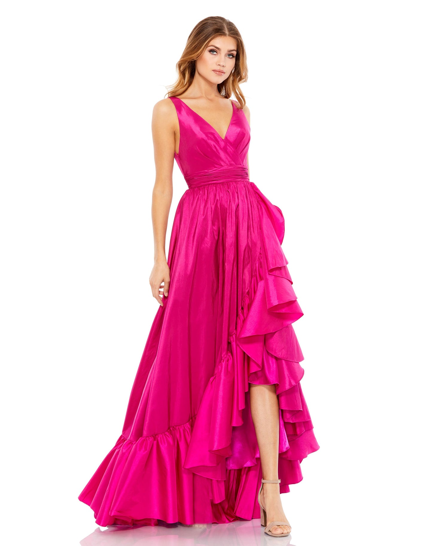 Taffeta Hi-Low Ruffle Gown