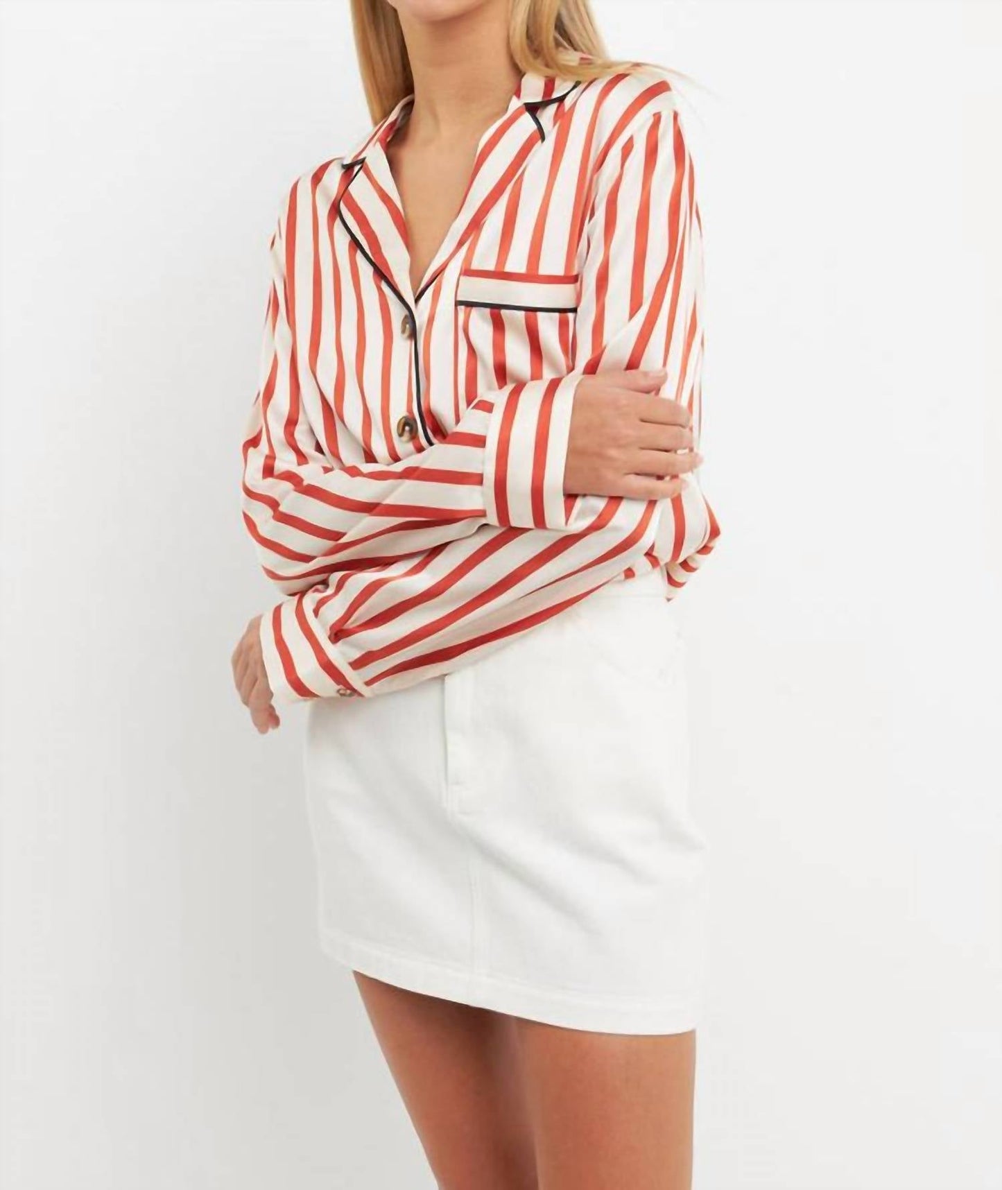 Striped Satin Shirt In Cream/burnt Orange