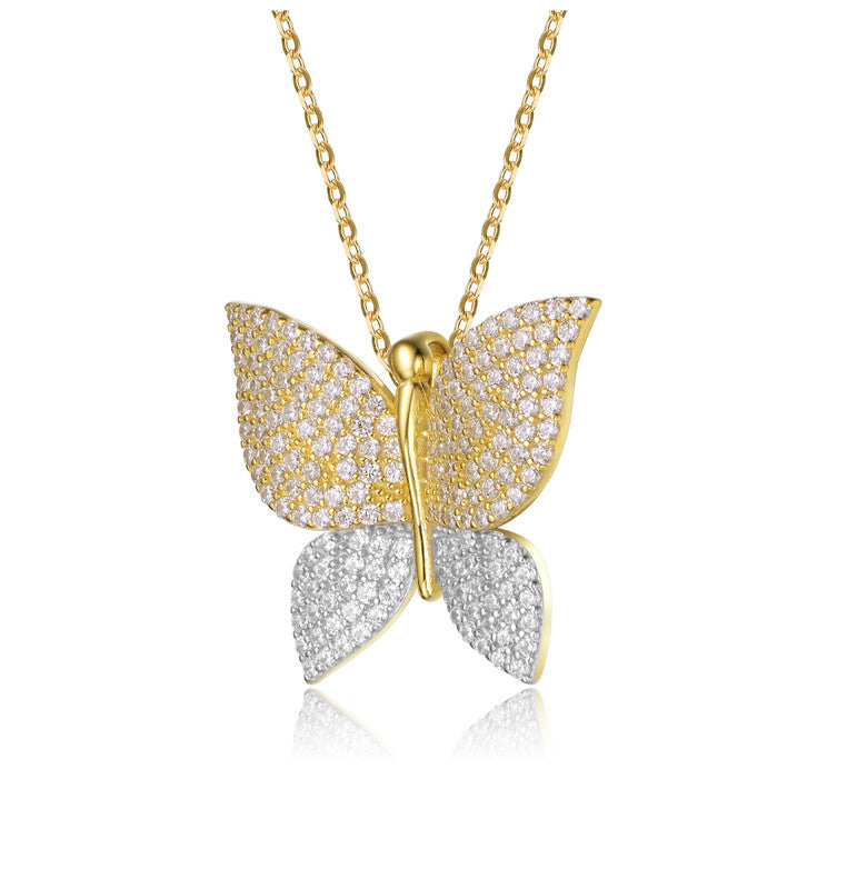 Sterling Silver Two-Tone with Clear Cubic Zirconia Butterfly Pendant Necklace