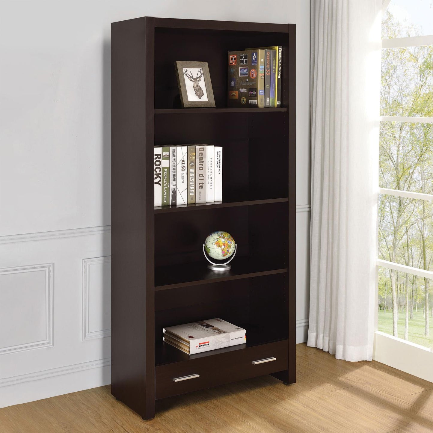 Skylar Cappuccino 5-Shelf Bookcase with Storage Drawer